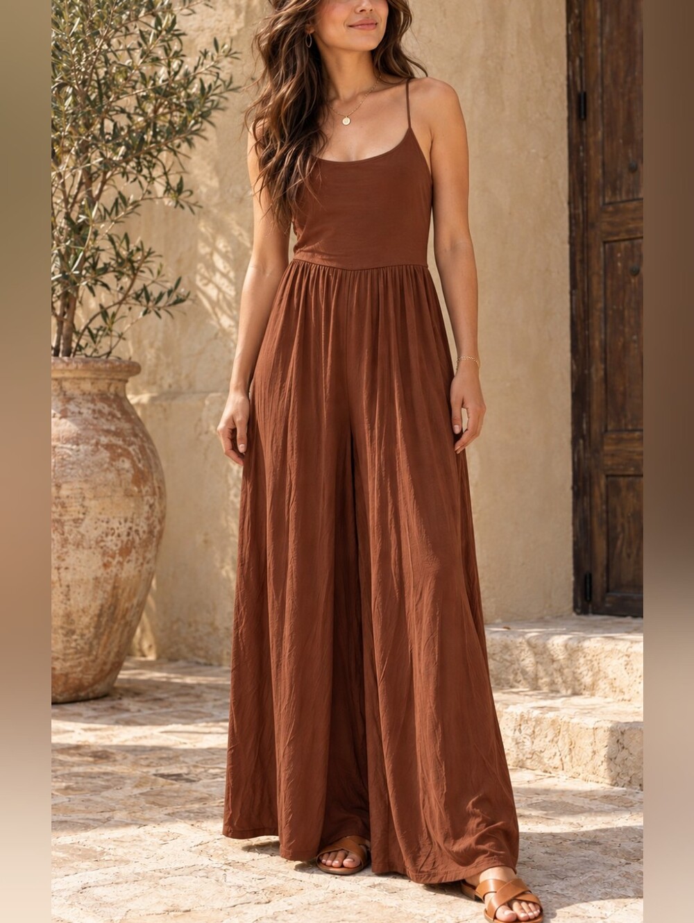 Aritzia Wilfred Rust Brown Spaghetti-Strap Wide-Leg Jumpsuit Size S